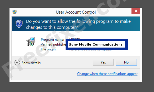 Screenshot where Sony Mobile Communications appears as the verified publisher in the UAC dialog